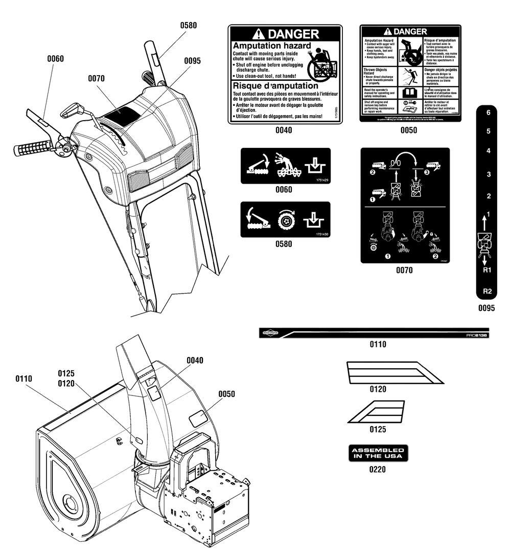 Decals Group Diagram and Parts List for 1696160-00-BP2138S 2012 Briggs and Stratton Snow Blower